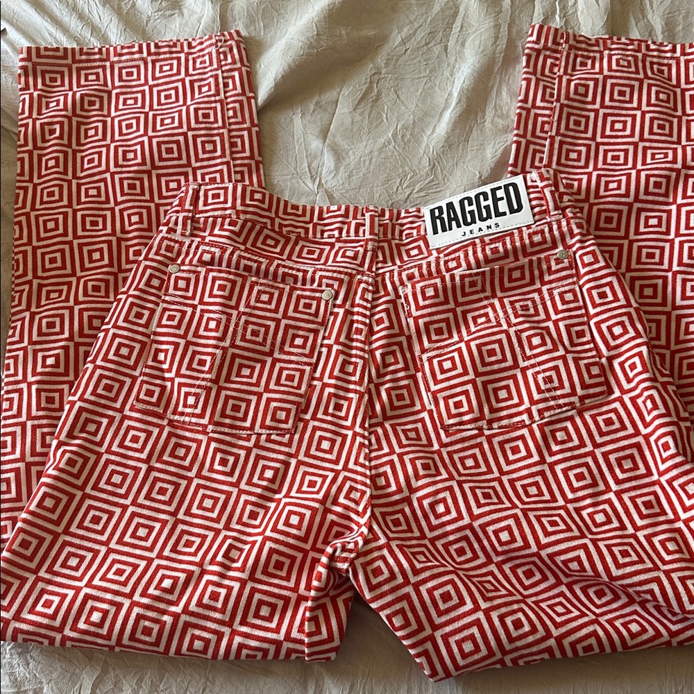 Ragged Red and White Geometric Print Straight Leg jeans